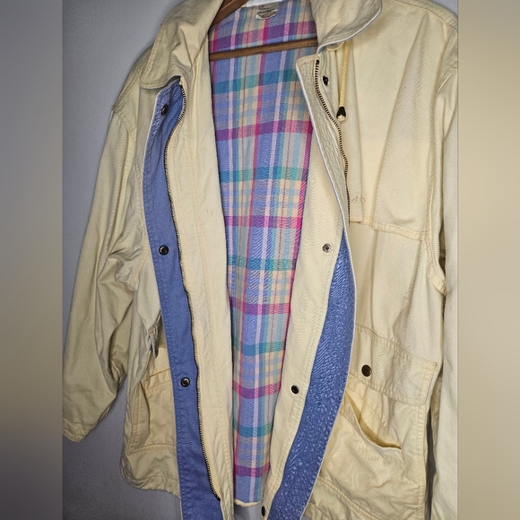 Rare ​Vintage 80s Brooks Pastel Yellow Cotton Jacket Large Plaid Lining Boho - Picture 14 of 16